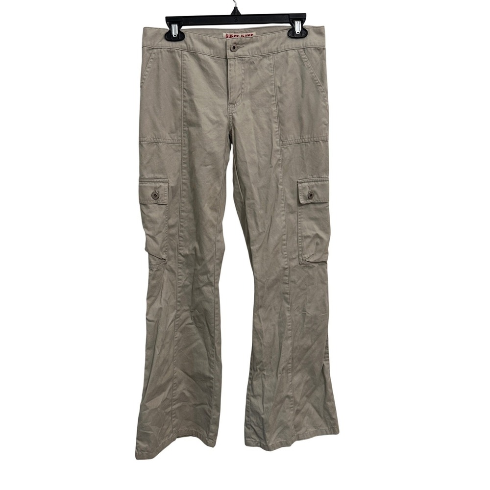 Vintage 90s Guess Jeans Cargo Pants Tan Khaki Flare Leg Y2K Utility Womens 28